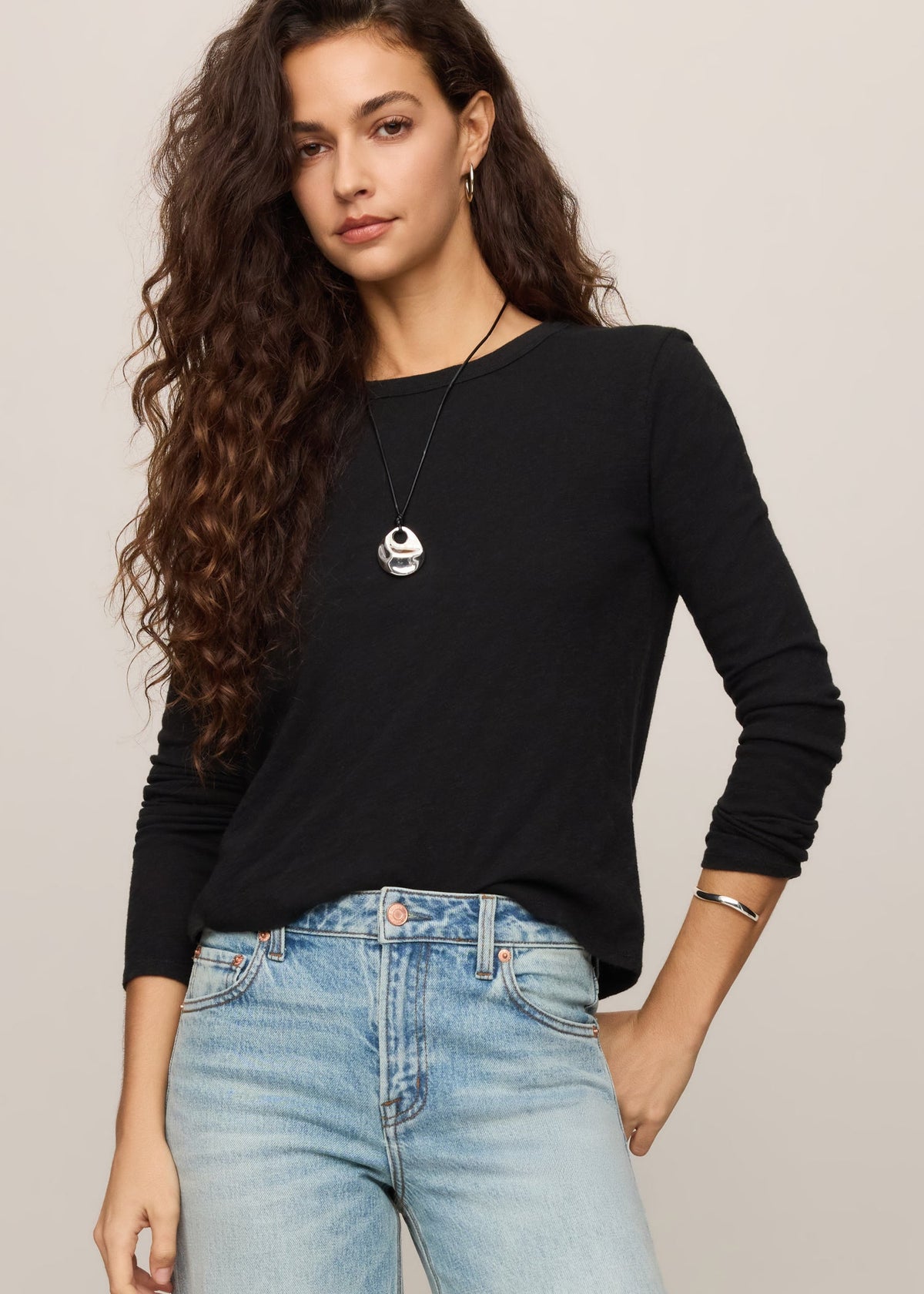 Z Supply Junie Long Sleeve Tee in Black, front view