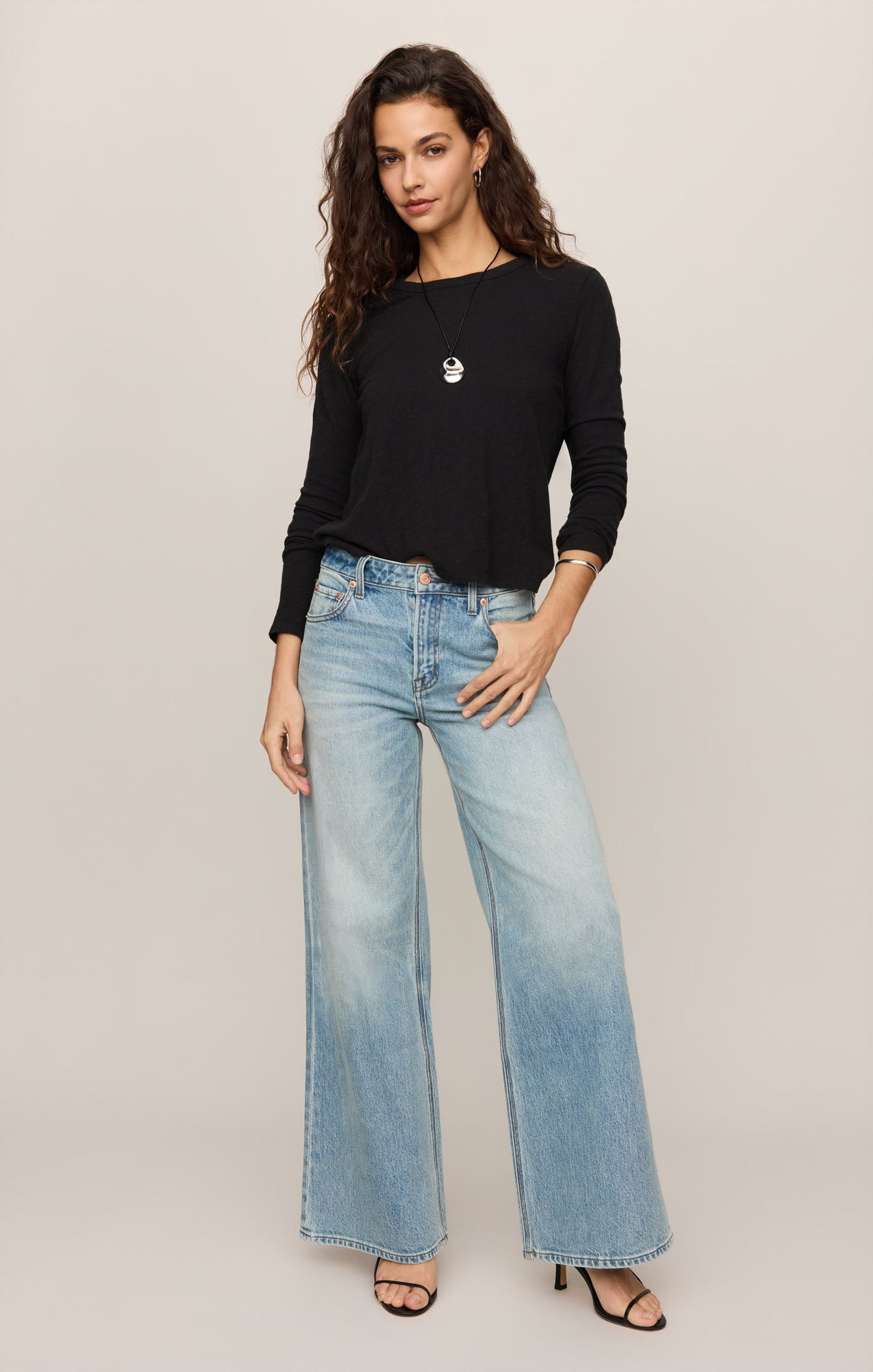 Z Supply Junie Long Sleeve Tee in Black, full outfit view