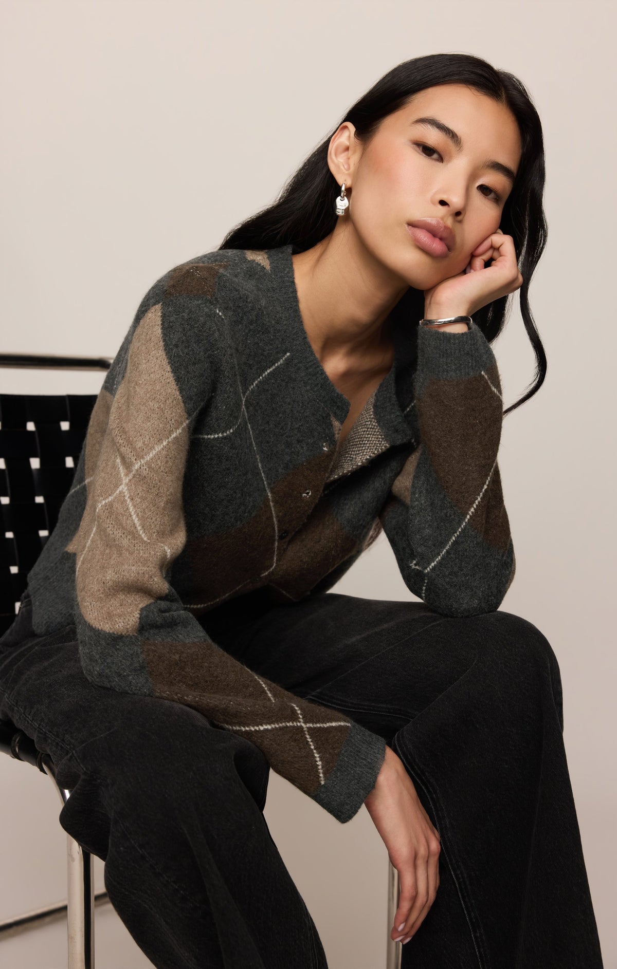 Z Supply Medina Argyle Cardigan in Charcoal Heather, detail view