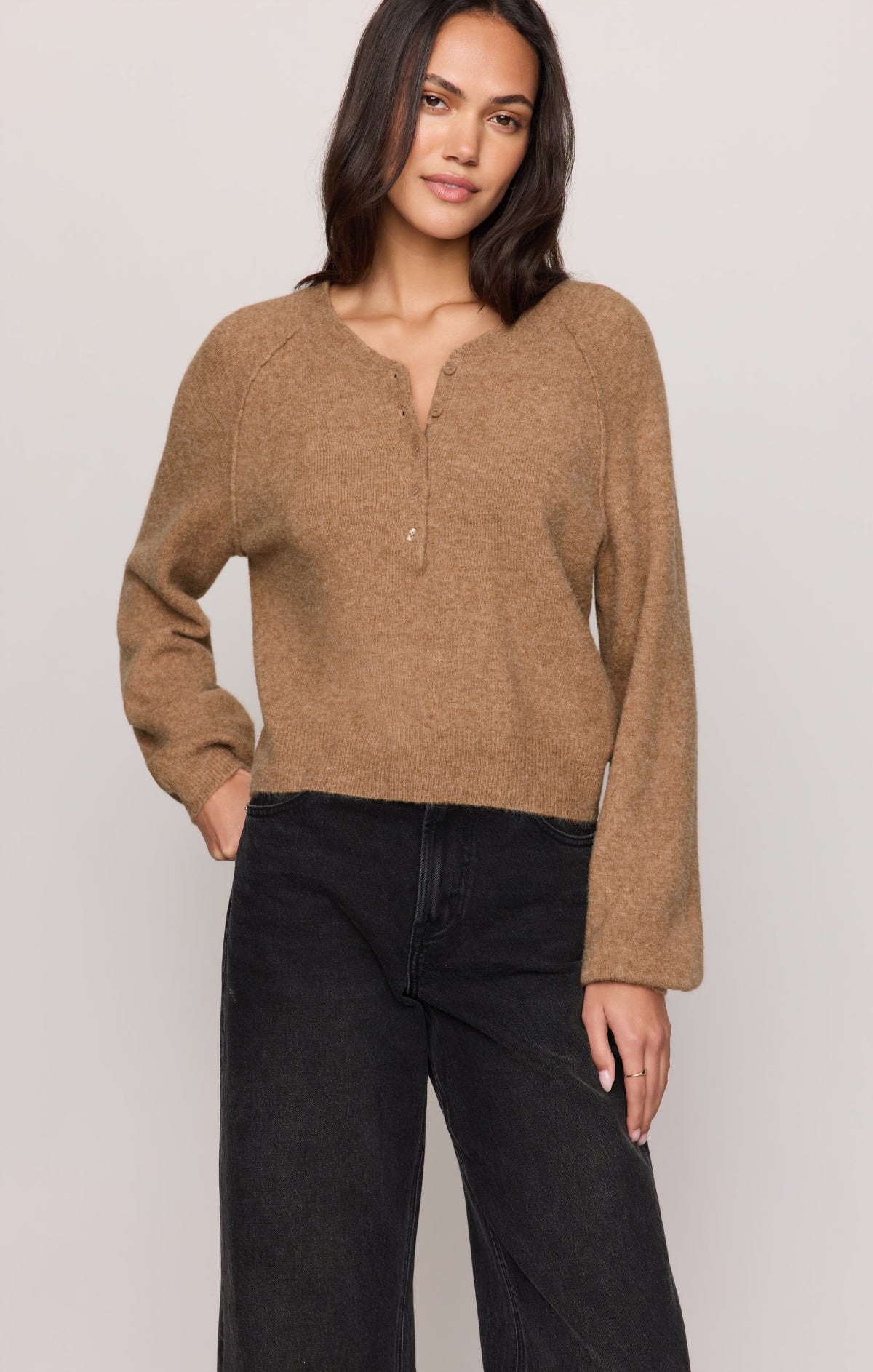 Z Supply Westmont Henley Sweater in Golden Caramel, detail view