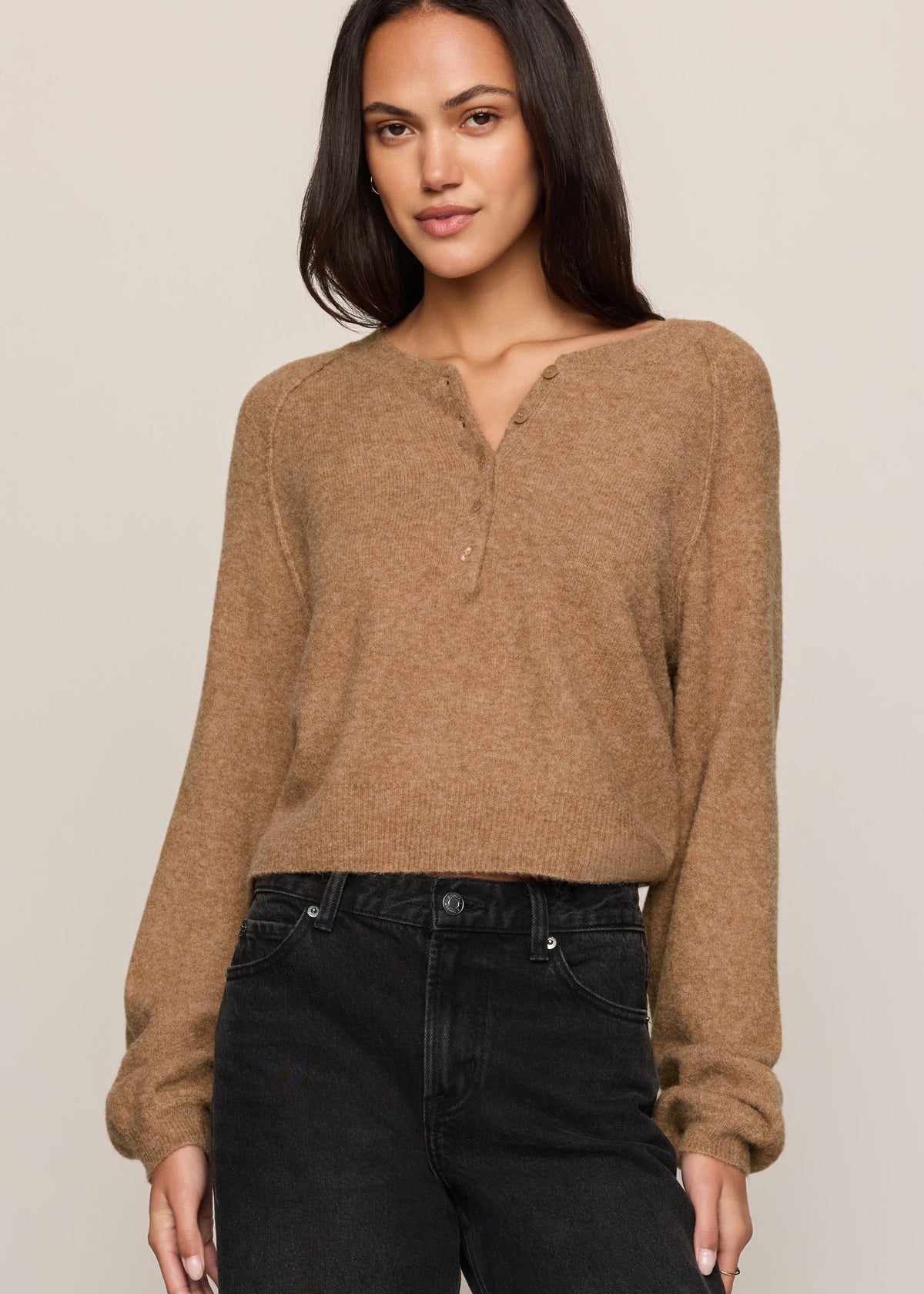 Z Supply Westmont Henley Sweater in Golden Caramel, front view