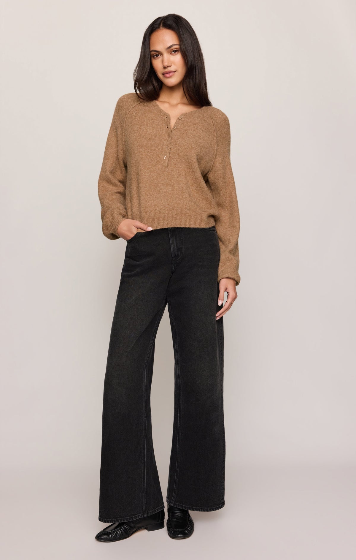 Z Supply Westmont Henley Sweater in Golden Caramel, full outfit view