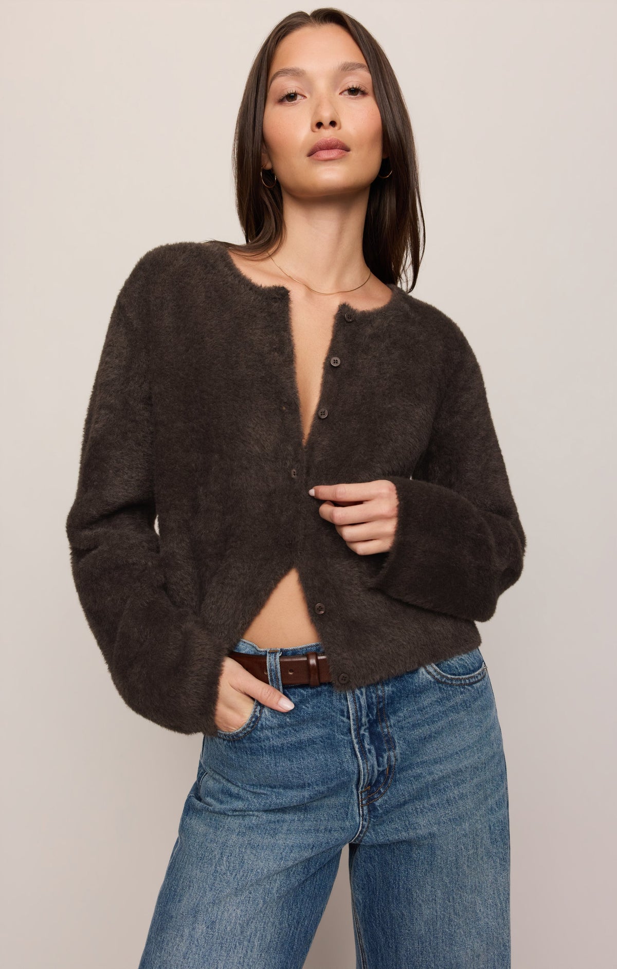 Z Supply Winterglow Fluffy Cardigan in Cocoa Bean, detail view