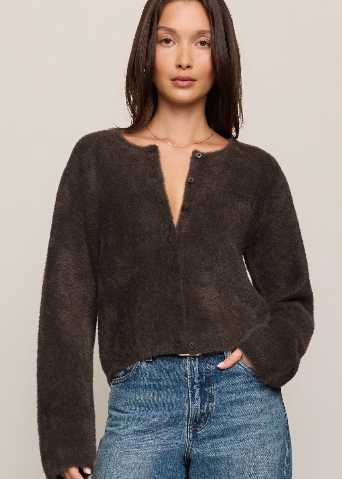Z Supply Winterglow Fluffy Cardigan in Cocoa Bean, front view